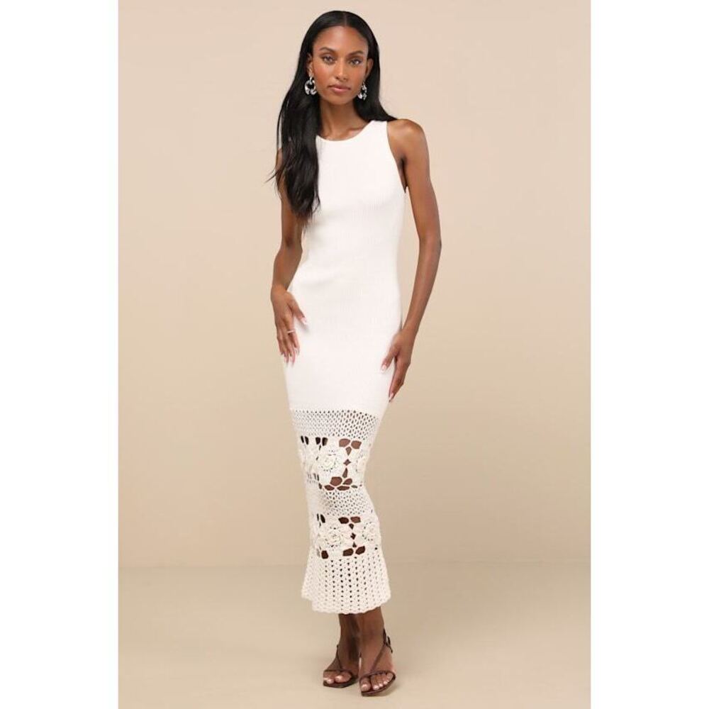Lulus Breyla Ivory Ribbed Knit Sleeveless Sweater Midi Dress White - Size M